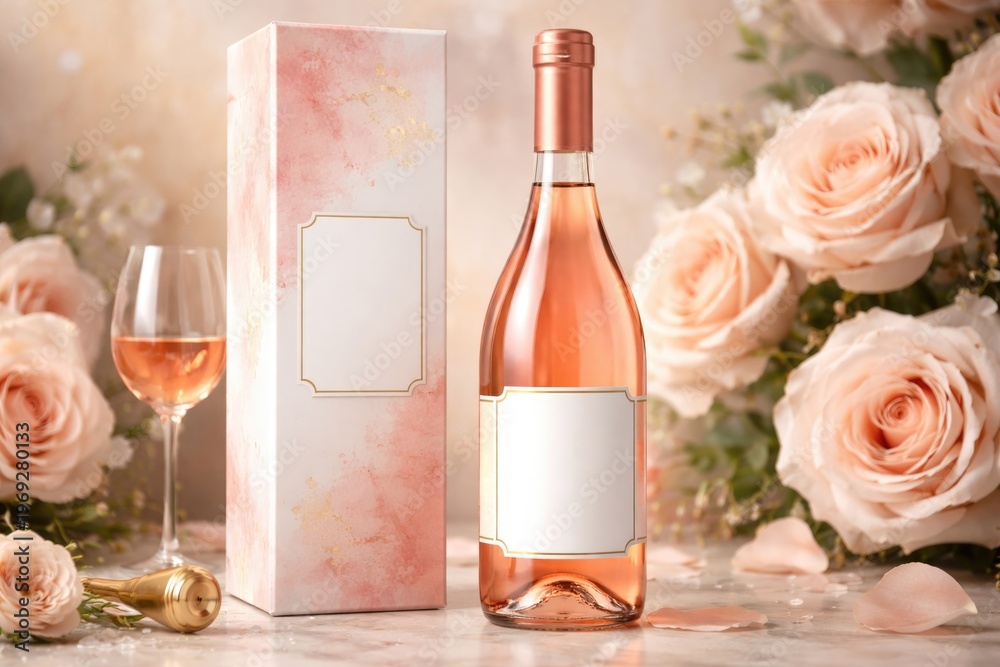 Fototapeta premium Rose wine bottle packaging design with editable label area on a brand backdrop
