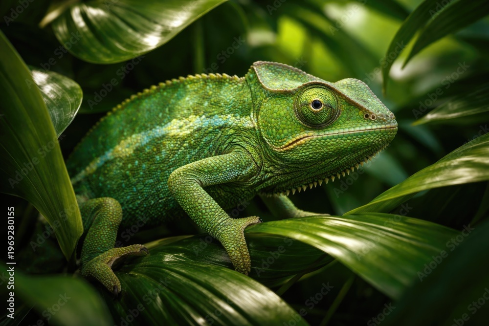 Fototapeta premium A vibrant green chameleon blending into lush tropical leaves in natural habitat