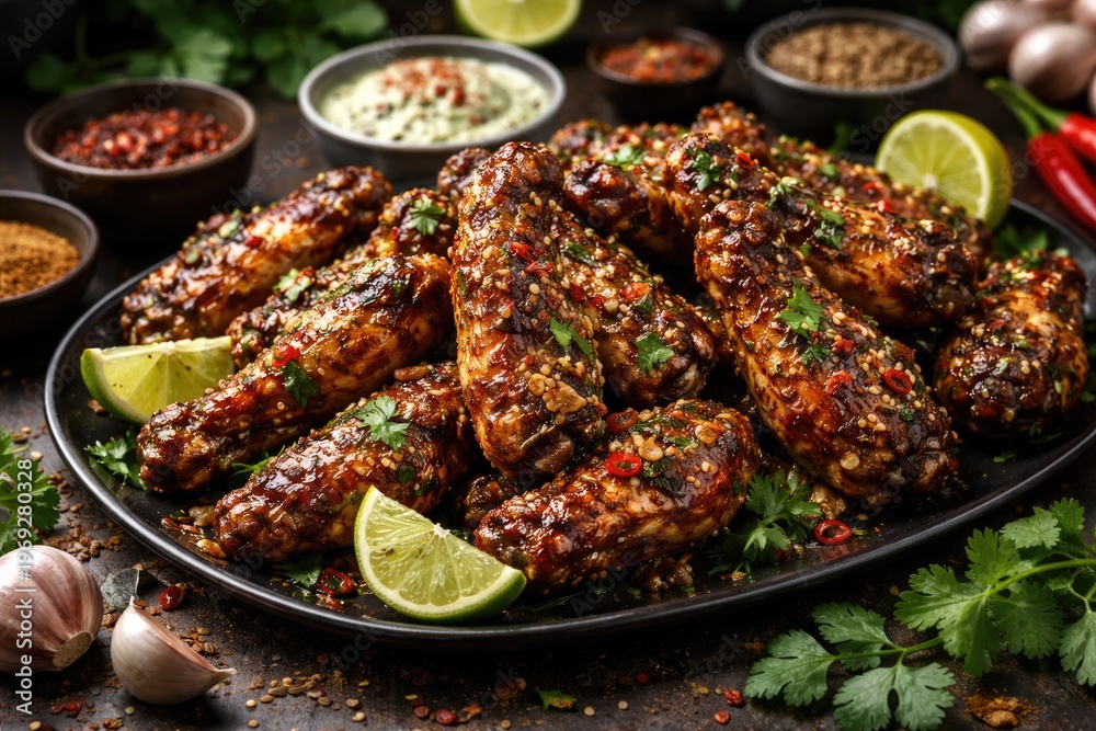 Fototapeta premium Spicy Grilled Chicken Wings Garnished with Fresh Herbs and Citrus