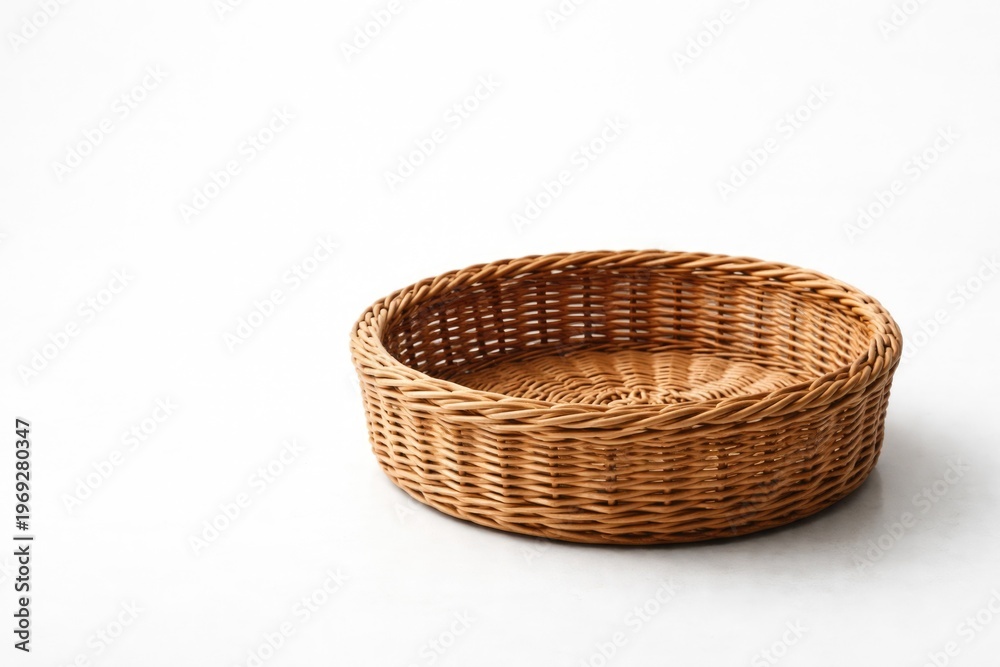 Fototapeta premium Round wicker basket with visible grain texture on white background featuring ample copy space for branding