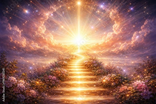 A radiant spiritual backdrop showing a glowing pathway to enlightenment with celestial light and a luminous horizon