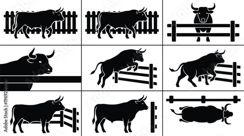 Dynamic bull silhouette vector collection. Features various poses of powerful oxen, including charging, standing, and aggressive stances. Ideal for financial market graphics and sports team logos.