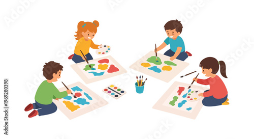 Four happy children are sitting on the floor together, joyfully painting colorful abstract shapes on large white papers using brushes and palettes.