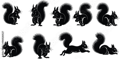 Set of black silhouette squirrels in various poses, wildlife animal vector collection, forest nature rodent icons, playful squirrel illustrations, outdoor animal design elements