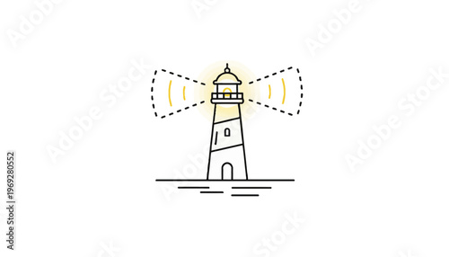 Lighthouse beacon emitting light beams, symbolizing guidance, safety, and navigation
