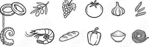 A charming black and white sketch showcasing a diverse array of fresh produce and seafood ingredients beautifully arranged