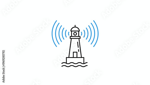 Lighthouse emitting radio waves signal, navigation beacon broadcasting communication waves, maritime safety concept