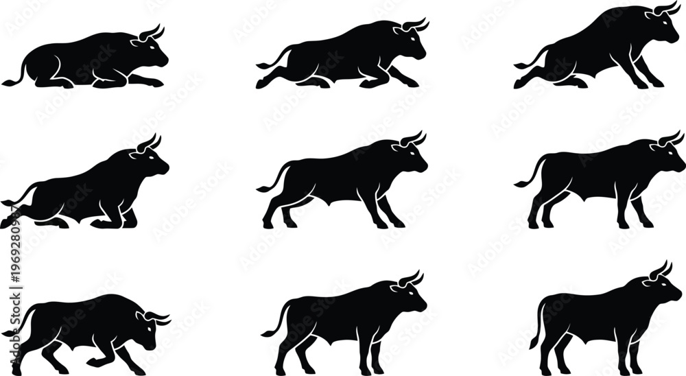 Fototapeta premium Dynamic bull silhouette vector collection. Features various poses of powerful oxen, including charging, standing, and aggressive stances. Ideal for financial market graphics and sports team logos.