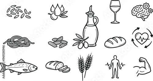Healthy mediterranean diet icons a sketch collection representing wholesome foods and lifestyle elements