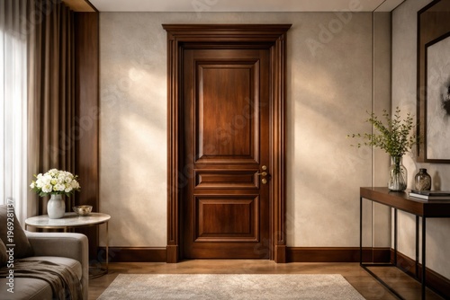 Elegant wooden door in a modern interior room