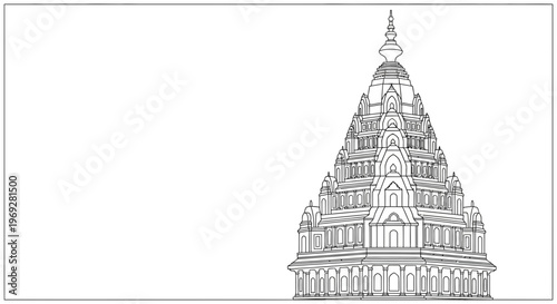 Intricate Line Drawing of a Traditional Temple Pagoda with Elaborate Architectural Details