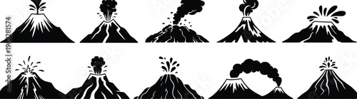 Set of erupting volcano silhouettes with lava bursts, smoke clouds, volcanic eruption icons, natural disaster vector illustration, explosive mountain volcano eruption graphics