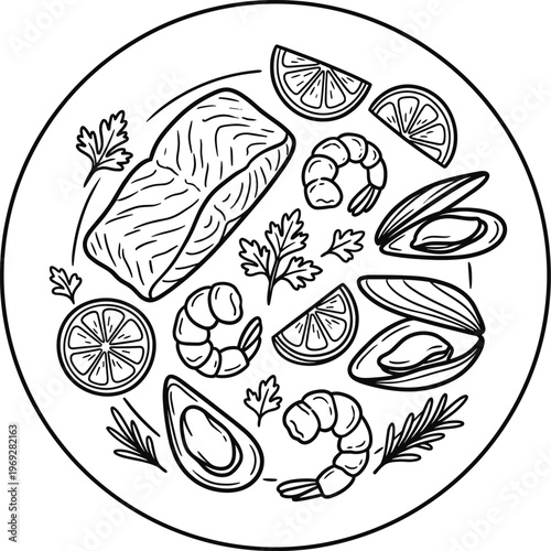 A beautifully arranged plate of fresh seafood including salmon shrimp mussels and lemon presented in a detailed sketch style