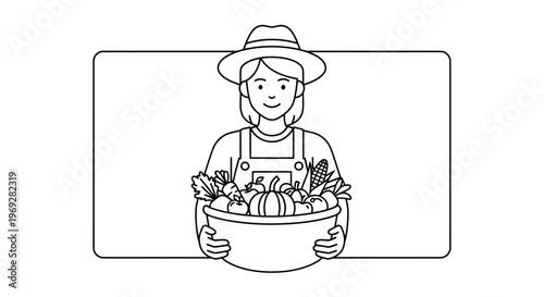 Happy Farmer Woman in Hat Holding Bowl Full of Fresh Vegetables and Fruits