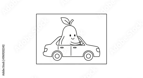 Happy Pear Driving a Car, Cartoon Character, Funny Fruit Transportation