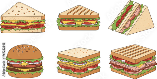 Sandwich and Burger Fast Food Set Collection with Grilled Toast, Club Sandwich, and Cheeseburger Vector Illustration