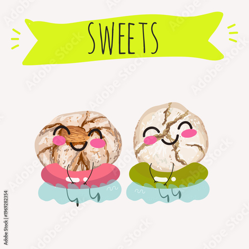 Funny Characters amaretti italy dessert, hand drawn vector illustration.