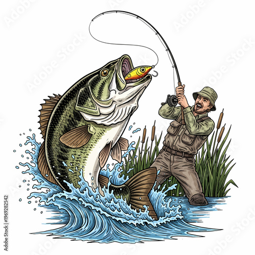 Bass fishing illustration with angler and reeds isolated on white background.