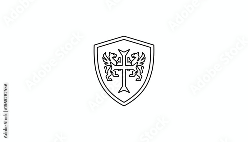 Heraldic Shield with Griffin and Cross Emblem - Vector Line Art