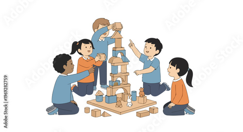 Five diverse children are sitting on the floor, working together to build a tall and intricate tower out of wooden blocks and toy animals.