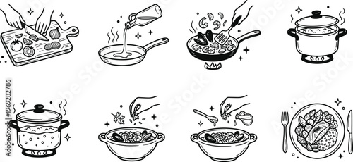 Culinary journey a hand drawn illustration of cooking stages from raw ingredients to a finished meal