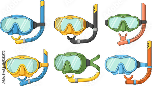 Snorkeling Mask and Tube Set Collection with Colorful Diving Goggles for Underwater Swimming and Summer Adventure Vector Illustration