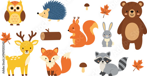Cute Woodland Animal Vector Set Featuring Owl, Hedgehog, Deer, Fox, Squirrel, Rabbit, Raccoon, and Bear with Forest Nature Elements for Autumn Nursery Designs