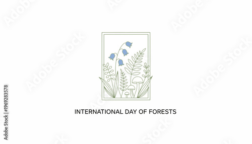 International Day of Forests illustration with delicate bluebells and ferns in a frame