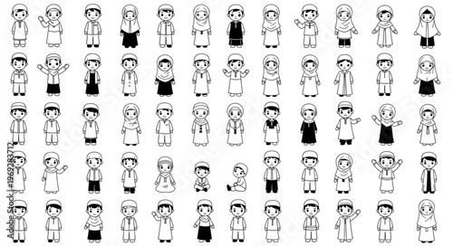 Collection of cartoon characters in various poses and outfits, black and white.