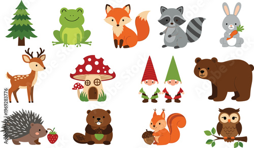 Cute Woodland Fairytale Vector Set Featuring Gnomes Mushroom House Frog Fox Raccoon Rabbit Deer Bear Hedgehog Beaver Squirrel and Owl for Nursery Decor