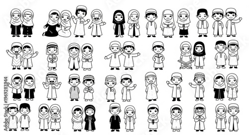 Collection of cartoon characters in winter clothing, black and white.