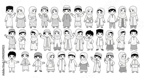 Collection of cartoon characters in winter clothing, standing together.