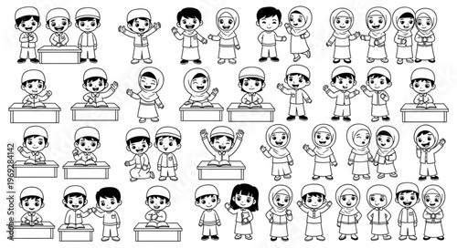 Collection of cartoon characters in winter clothing.