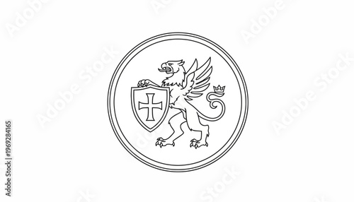 Griffin holding shield with cross, heraldic symbol, emblem, coat of arms, vintage illustration
