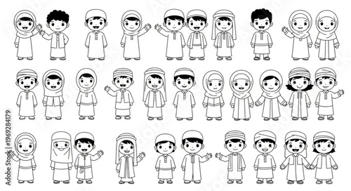 Collection of cartoon children in traditional Arab clothing.