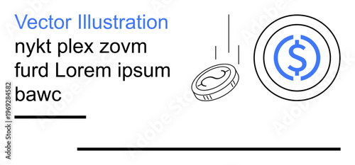 Financial security, e-commerce, payment systems, wealth management, online banking, currency exchange. Minimalist coins with a dollar sign and generic text. Financial security and e-commerce concept