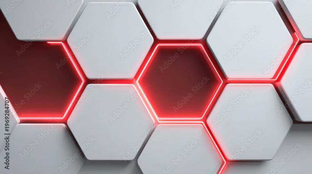 custom made wallpaper toronto digitalMinimal futuristic hexagon pattern white background red neon glow abstract 3d render