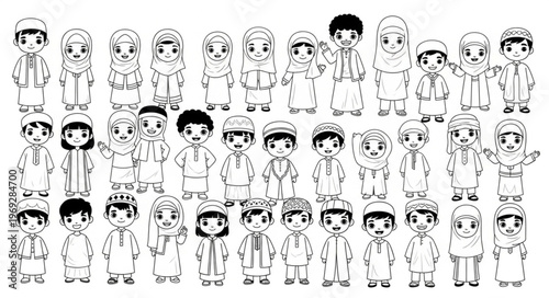 Collection of Cartoon Characters in Traditional Outfits, Black and White.