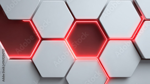 Wallpaper Mural Minimal futuristic hexagon pattern white background red neon glow abstract 3d render Torontodigital.ca