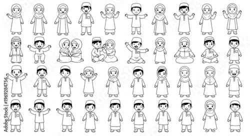 Collection of Cartoon Characters in Traditional Outfits, Black and White.