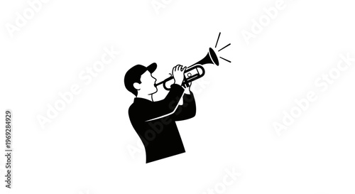 Musician Playing Trumpet with Sound Waves, Black and White Icon