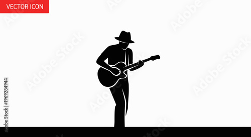 Musician Silhouette Playing Guitar, Solo Performer with Hat, Black and White Vector Icon