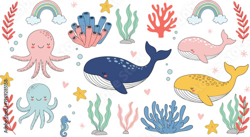 Whimsical Ocean Life Vector Set Featuring Pastel Whales, Octopuses, Seahorses, Rainbows, and Colorful Coral Reef Elements for Nursery Wall Art and Kids Stationery