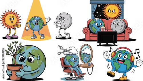 Earth Character Set with Various Emotions and Activities Including Sun, Moon, Plant Care, and Relaxing Scenes for Kids and Cartoons
