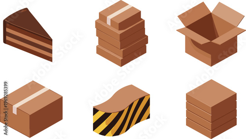 Cardboard Packaging Box Set Collection with Open Box, Stacked Parcels, and Shipping Carton Icons for Delivery and Logistics Vector Illustration
