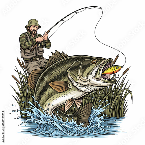 Bass fishing illustration with angler and reeds isolated on white background.