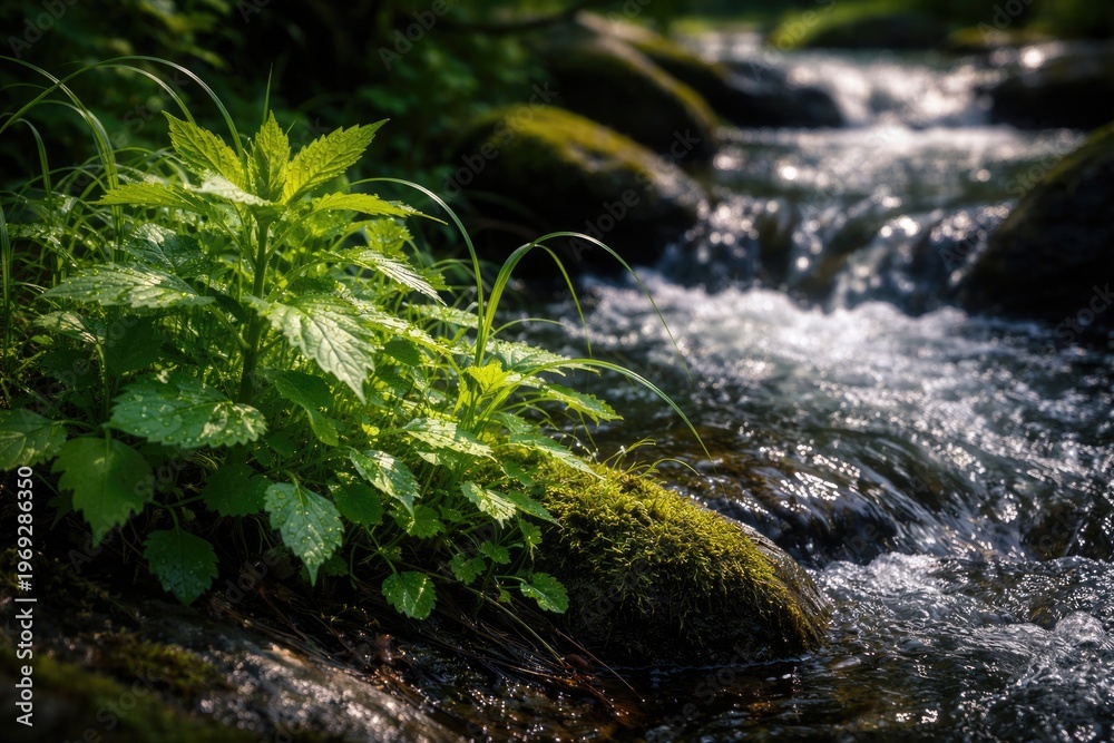 Obraz premium Close up of vibrant green plants next to a flowing stream