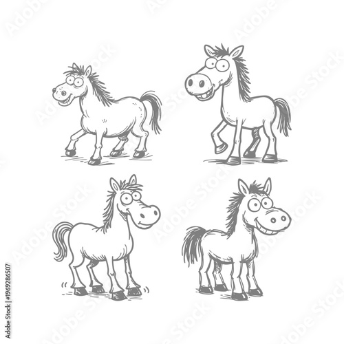 Cute Cartoon Horses Set, Hand Drawn Sketch Style