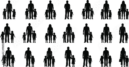 Silhouette collection of parent and child family groups, father and mother with daughters, ideal for family concepts, parenting, or social design