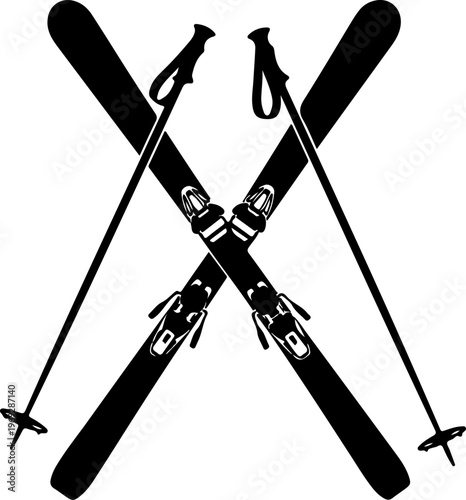 Skiing equipment, skis and poles, winter sports gear, black icons